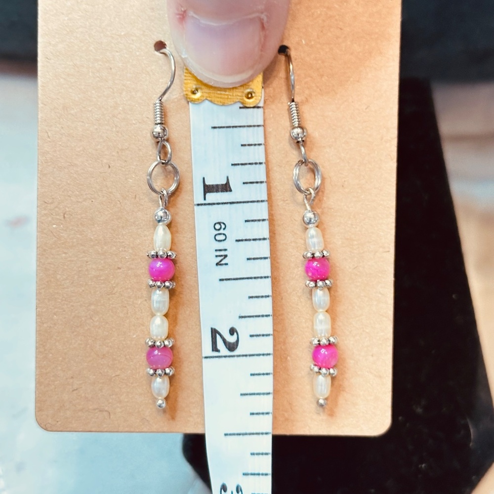 Stainless Steel Dangle Earrings Freshwater Pearls & Crackle Quartz Hand Made - Picture 11 of 11